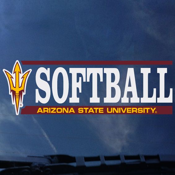 ASU softball bar decal with pitchfork next to 'Softball' lettering above 'Arizona State University' in maroon bar