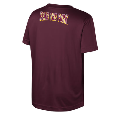 Backside of ASU youth t-shirt with the text  "fear the fork" in maroon outlined in both white and gold for a 3D effect.