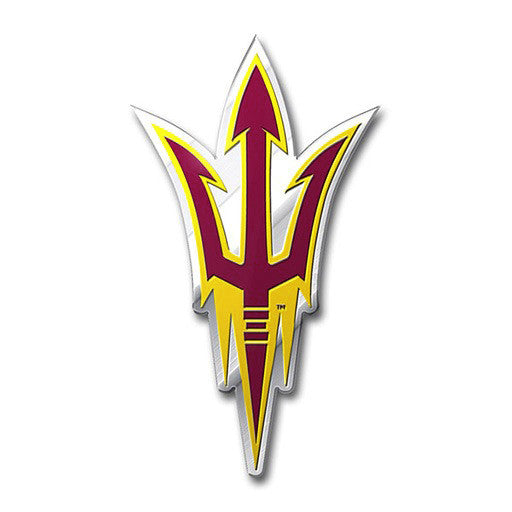 ASU raised decal of maroon and gold pitchfork with chrome outline
