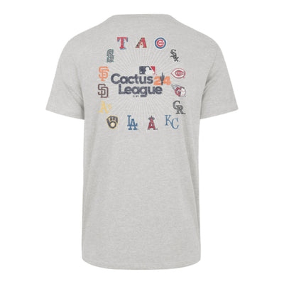Back side of grey shirt with the cactus league logo in the center and small white lines surounding it that connect to all the team's logos that are in the cactus league