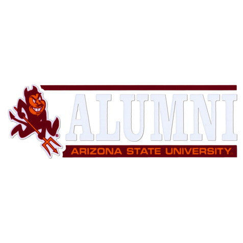 ASU Alumni Decal with Sparky and 'Alumni' lettering in white and 'Arizona State University' lettering in gold with a maroon border