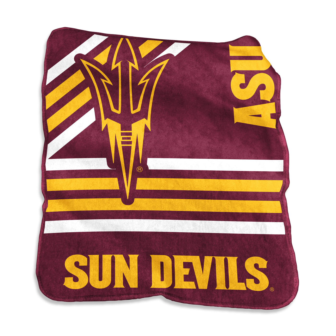 ASU maroon blanket with a pitchfork with gold outline, 'SunDevils' and 'ASU' lettering with white and gold stripes in the background