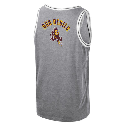 ASU grey mens tank top with white trim around arm and neck lines. the text "Sun Devils" is written in maroon outlined in gold and arched over a sparky mascot.