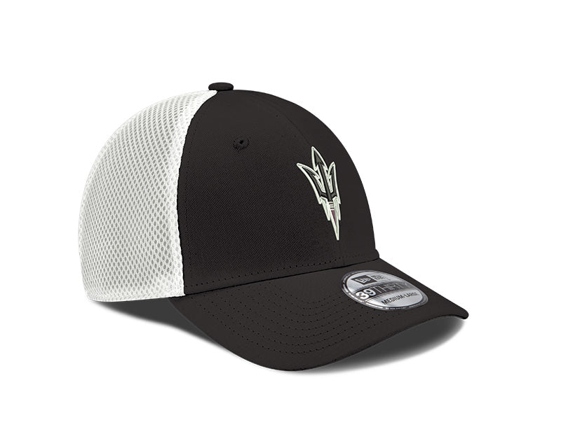Right profile of ASU black hat with white mesh back and pitchfork