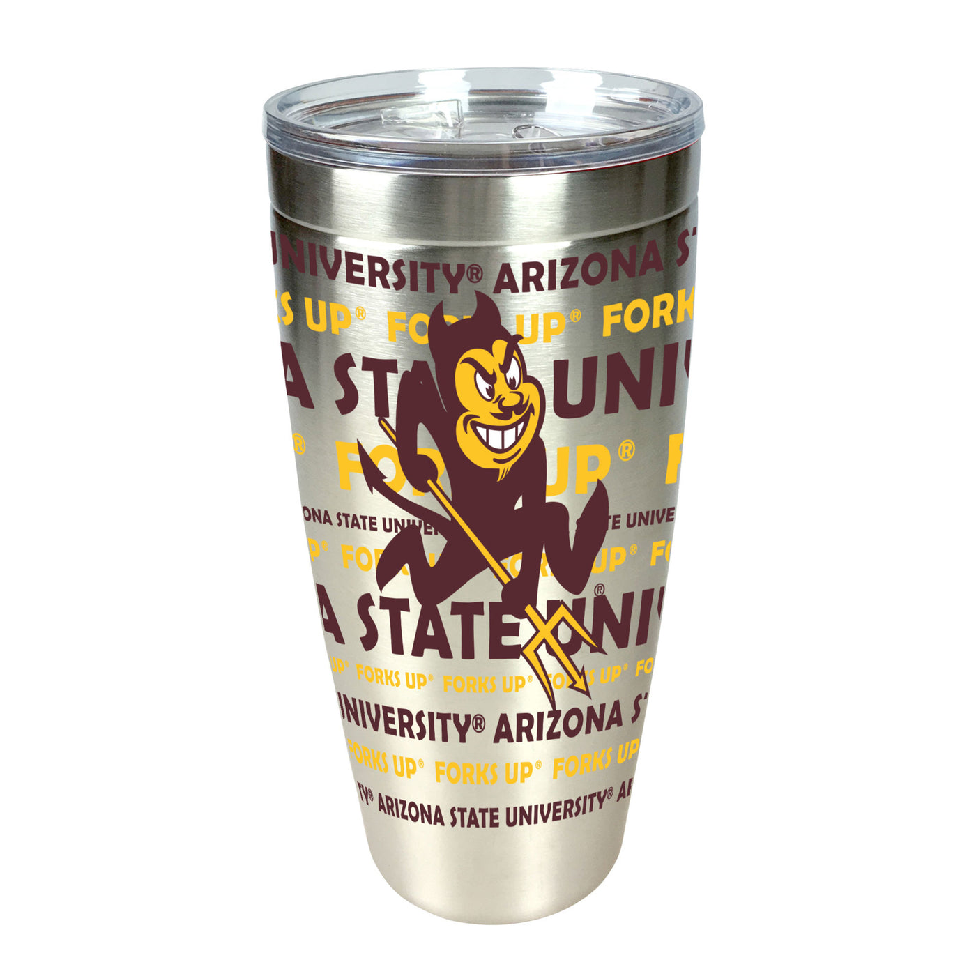 ASU 30 ounce Sliver tumbler with clear lid. Features University of Arizona State and Forks Ups text repeatedly. Includes Sparky logo front and center. 