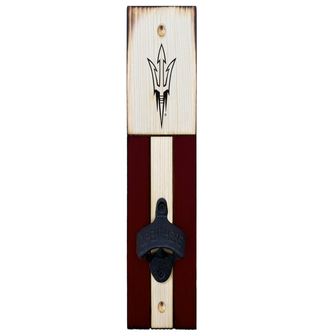 ASU wood wall mount bottle opener with carved Pitchfork at the top and maroon and pale wood panels at the bottom