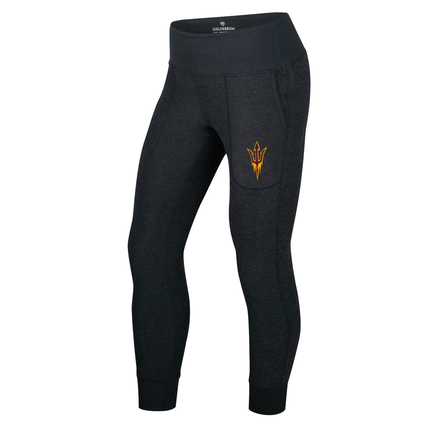 ASU black women's joggers with a pitchfork logo in maroon outlined in gold on the pocket.