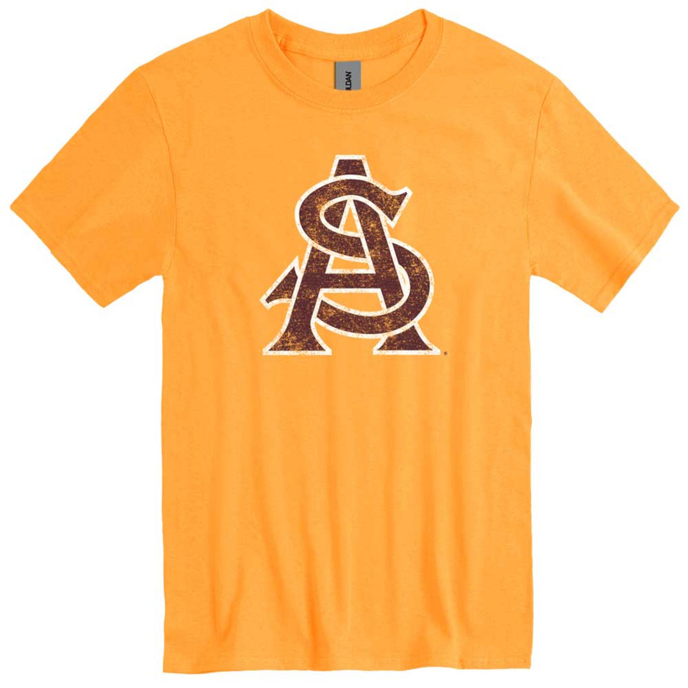 ASU gold tee with interlocking A&S logo in distressed maroon outlined in white