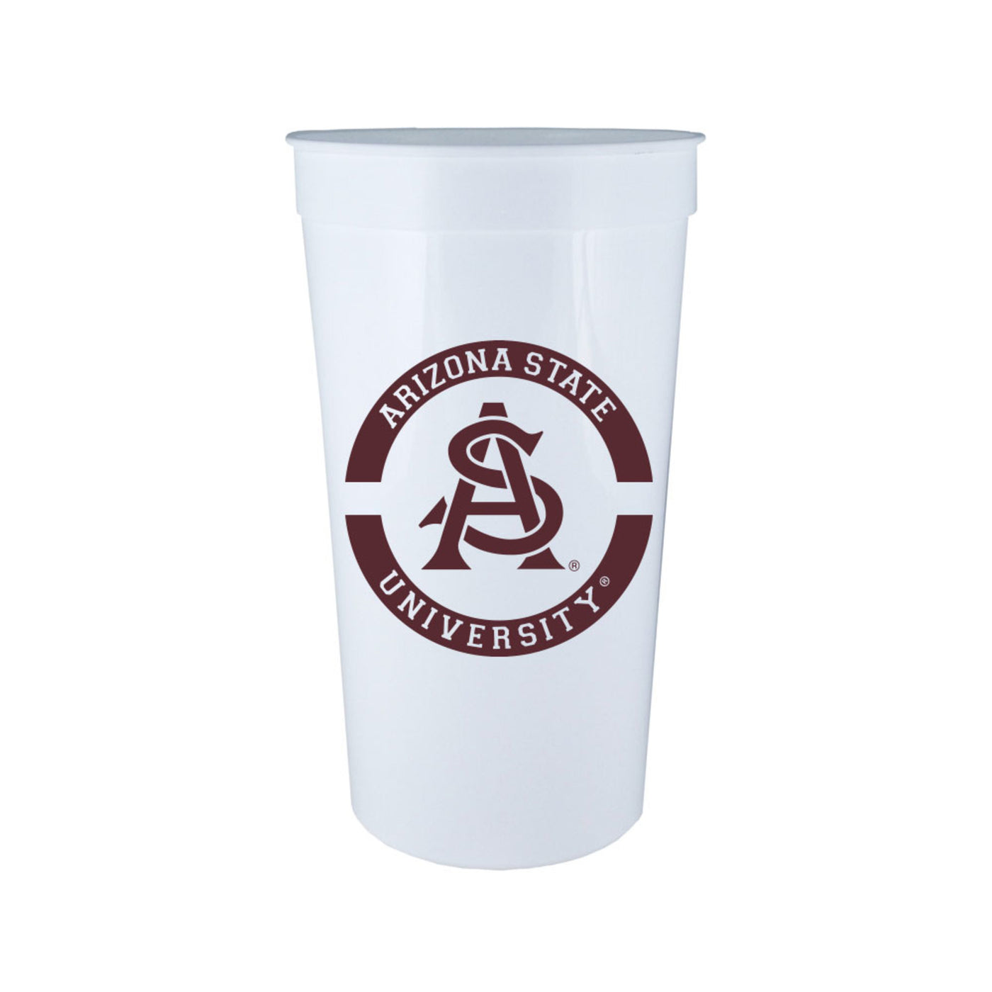 ASU white tumbler cup with interlocking 'A' and 'S' circled by 'Arizona State University'