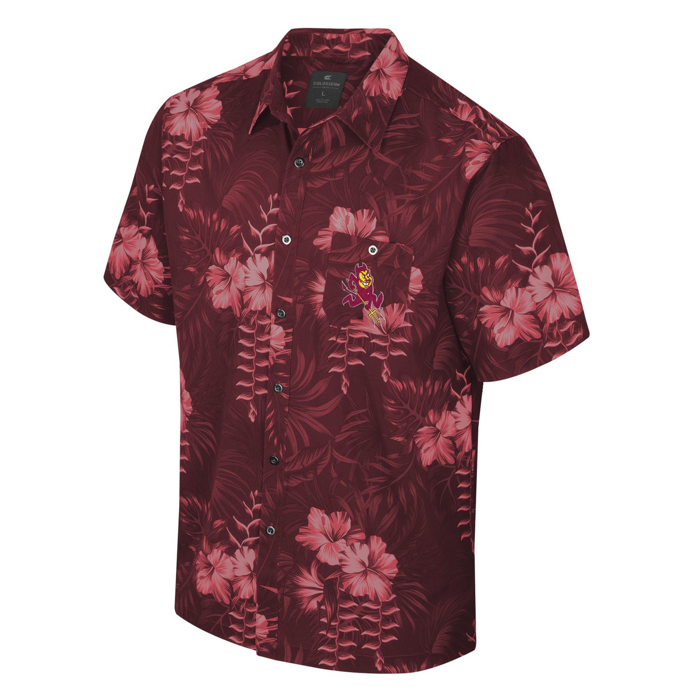 ASU maroon button up shirt with an all over light maroon floral print.There is a small pocket on the left  side of the chest with a small sparky mascot.