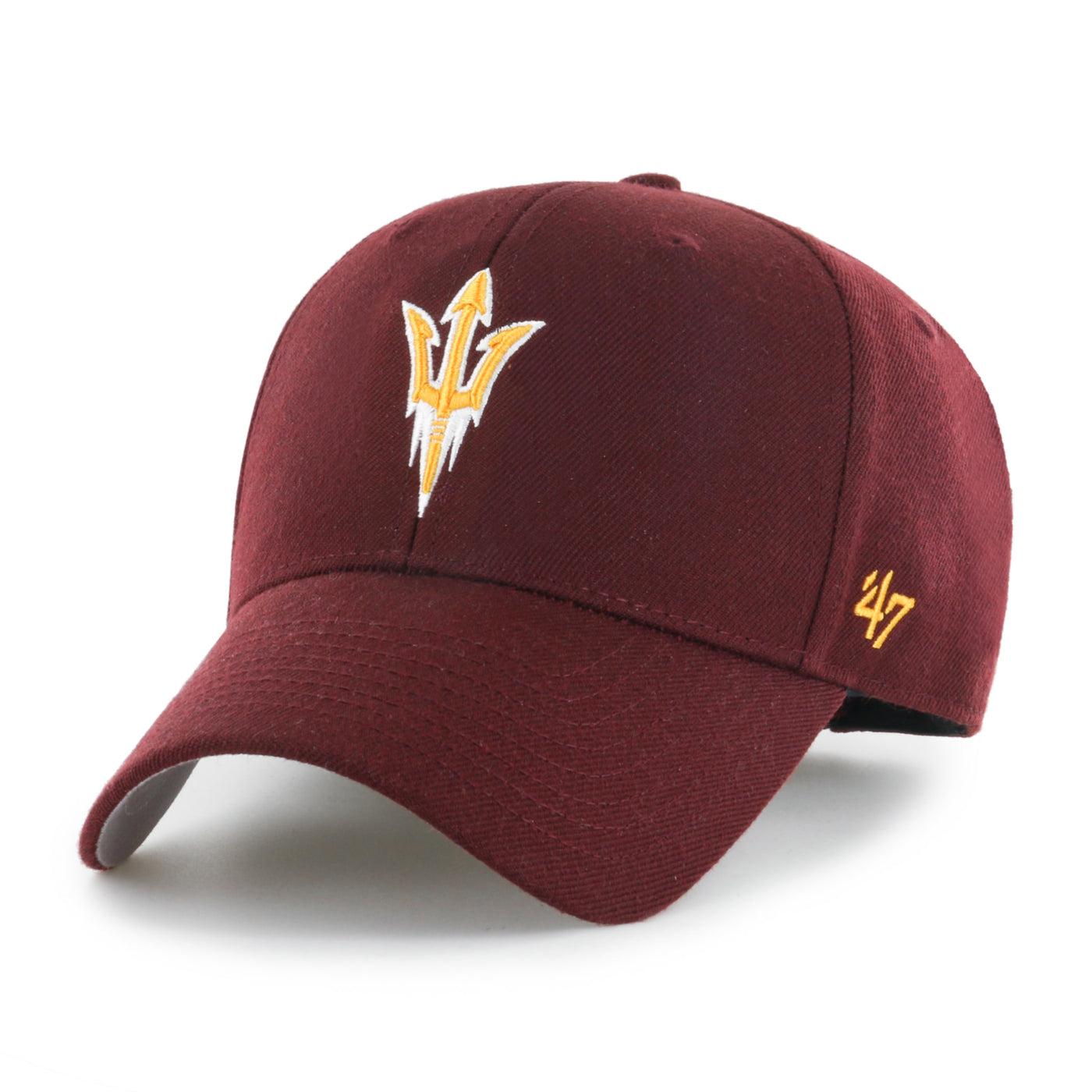 ASu maroon adjustable hat with structured shell and a gold and white pitchfork on the front