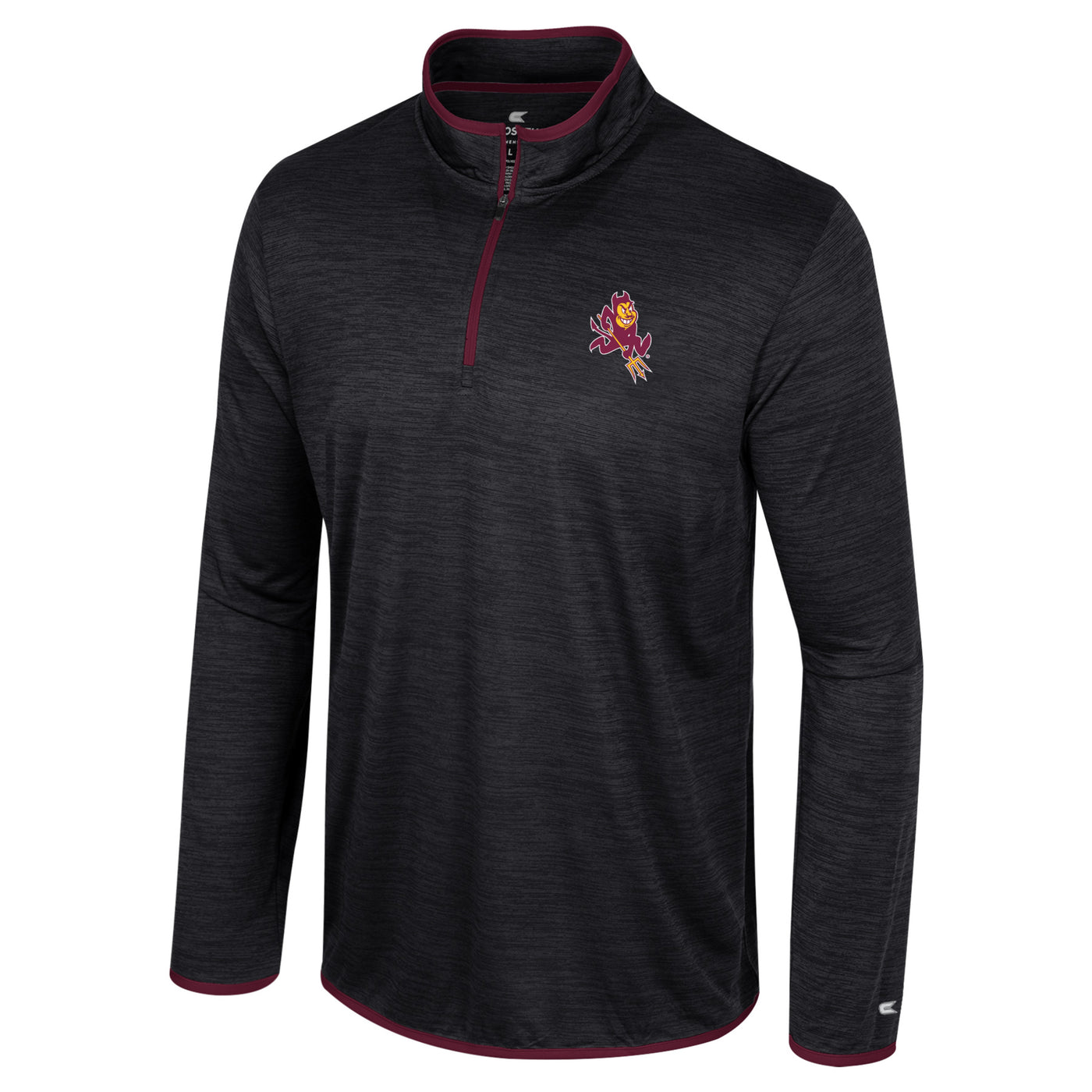 ASU black long sleeve quarter zip lined with maroon trim and a sparky mascot on the chest.