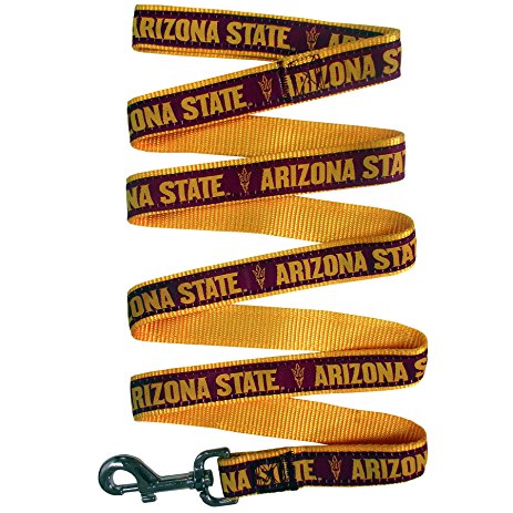 ASU dog leash with gold back and maroon front with 'Arizona State' lettering and a pitchfork repeating