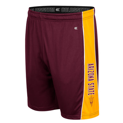 ASU mens maroon short with gold stripe on the side. "Arizona State" text in maroon writing along the gold stripe with a maroon pitchfork outline underneath the text.