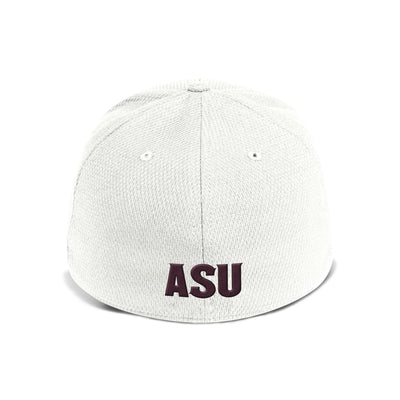 Back of white hat with maroon "ASU" logo.