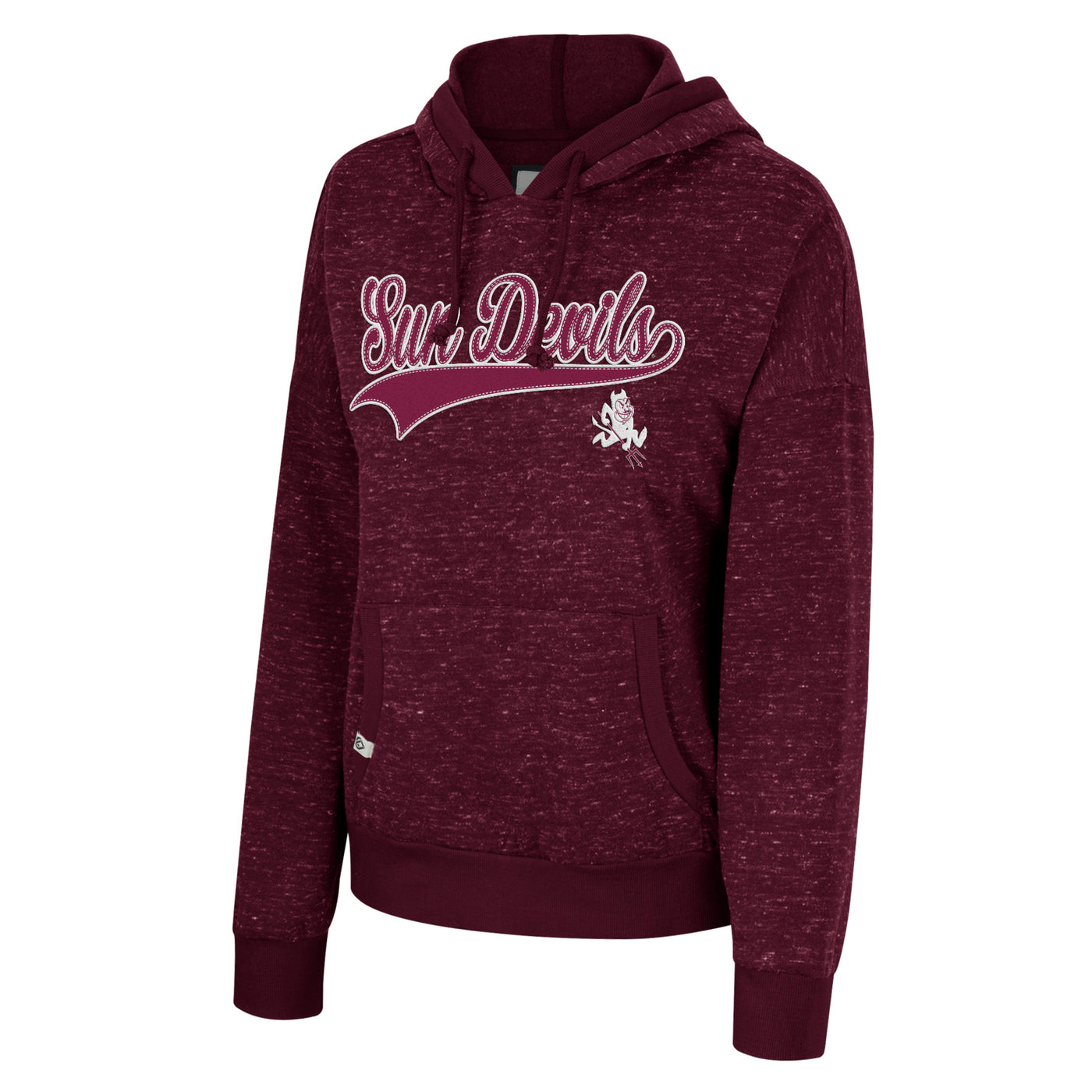ASU maroon and white specked hoodie. The cursive text 
