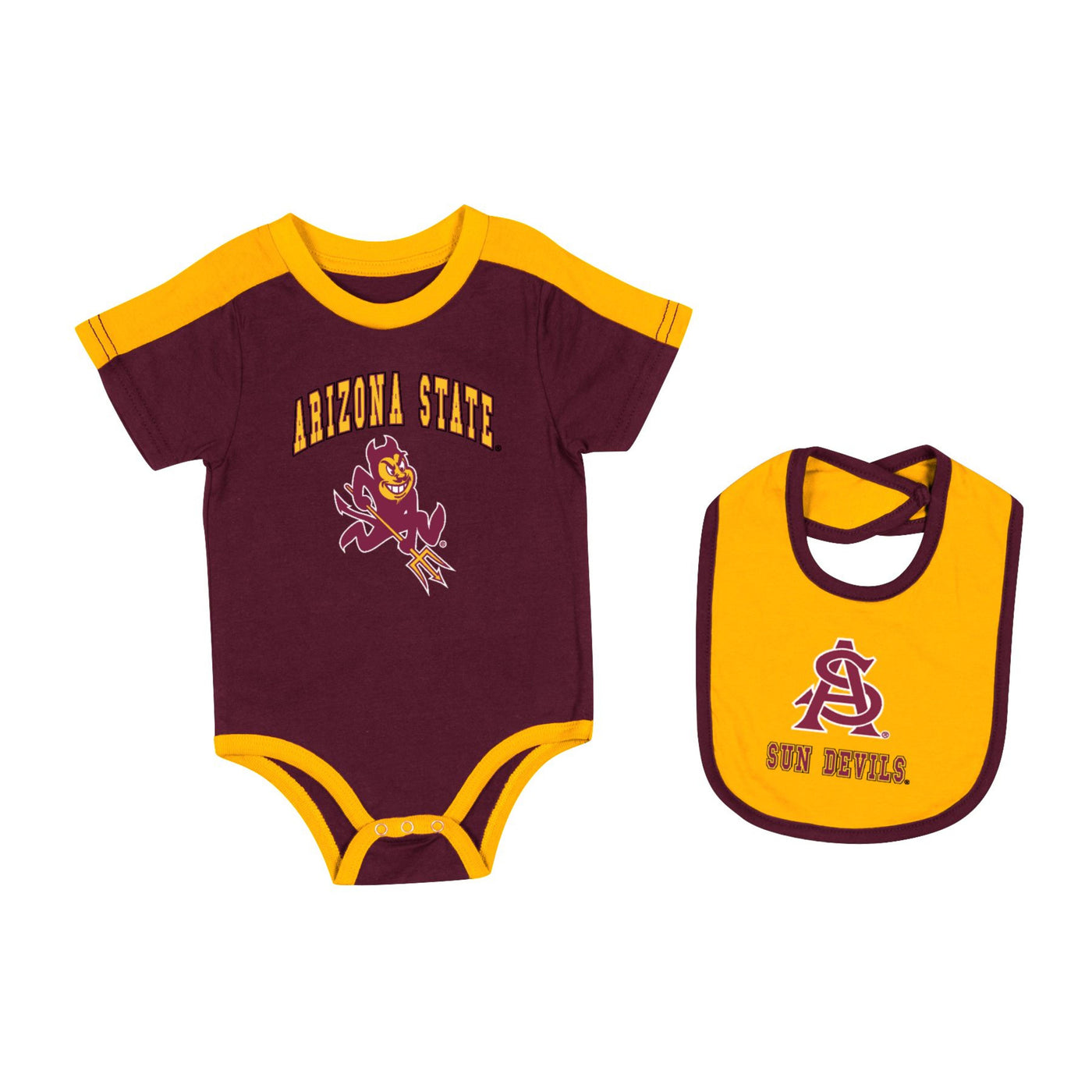 ASU maroon infant onesie with the text 