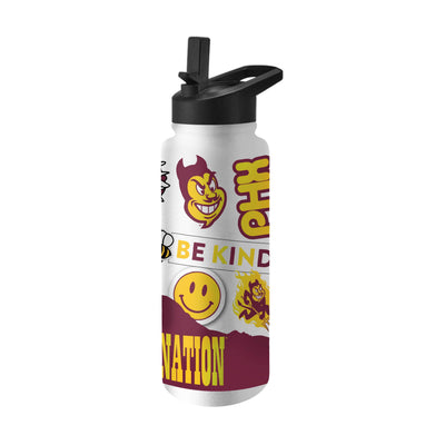 Back side of ASU white tumbler with multiple different ASU related designs and logos.
