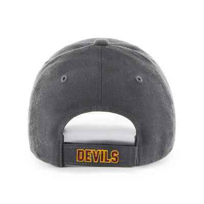 Back side of asu charcoal hat with the text "Devils" in maroon outlined in gold.