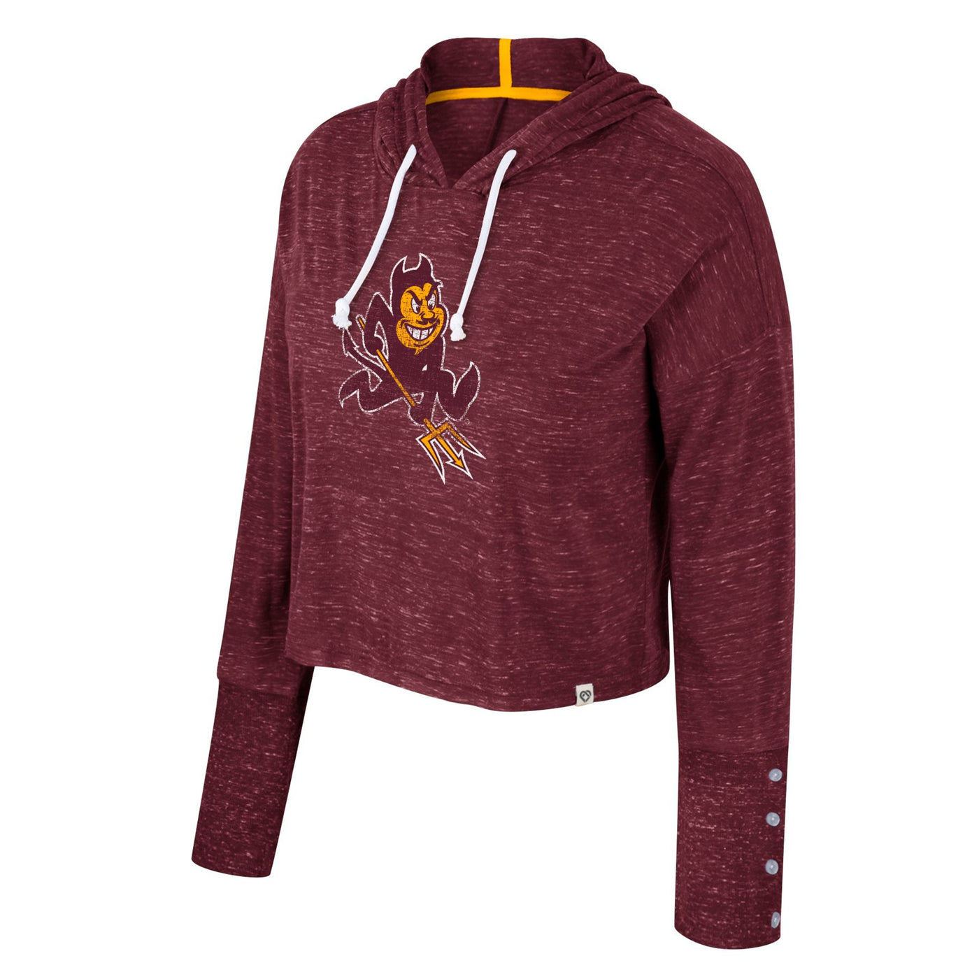 ASU maroon hooded longsleeve crop top. A distressed sparky mascot on the front. clear buttons on the sleeve by the wrist and white drawstrings for the hood.
