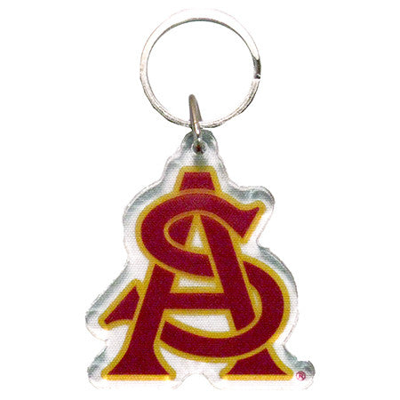 ASU keychain of interlocking 'A' and 'S' in maroon and gold lettering