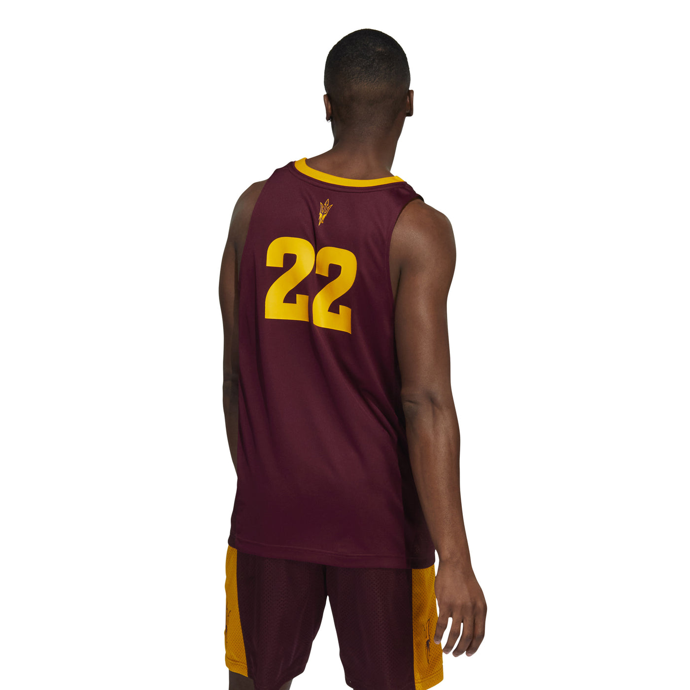 Backside on ASU maroon jersey with the number 22 in gold and a small outline of a pitchfork in gold above the number.