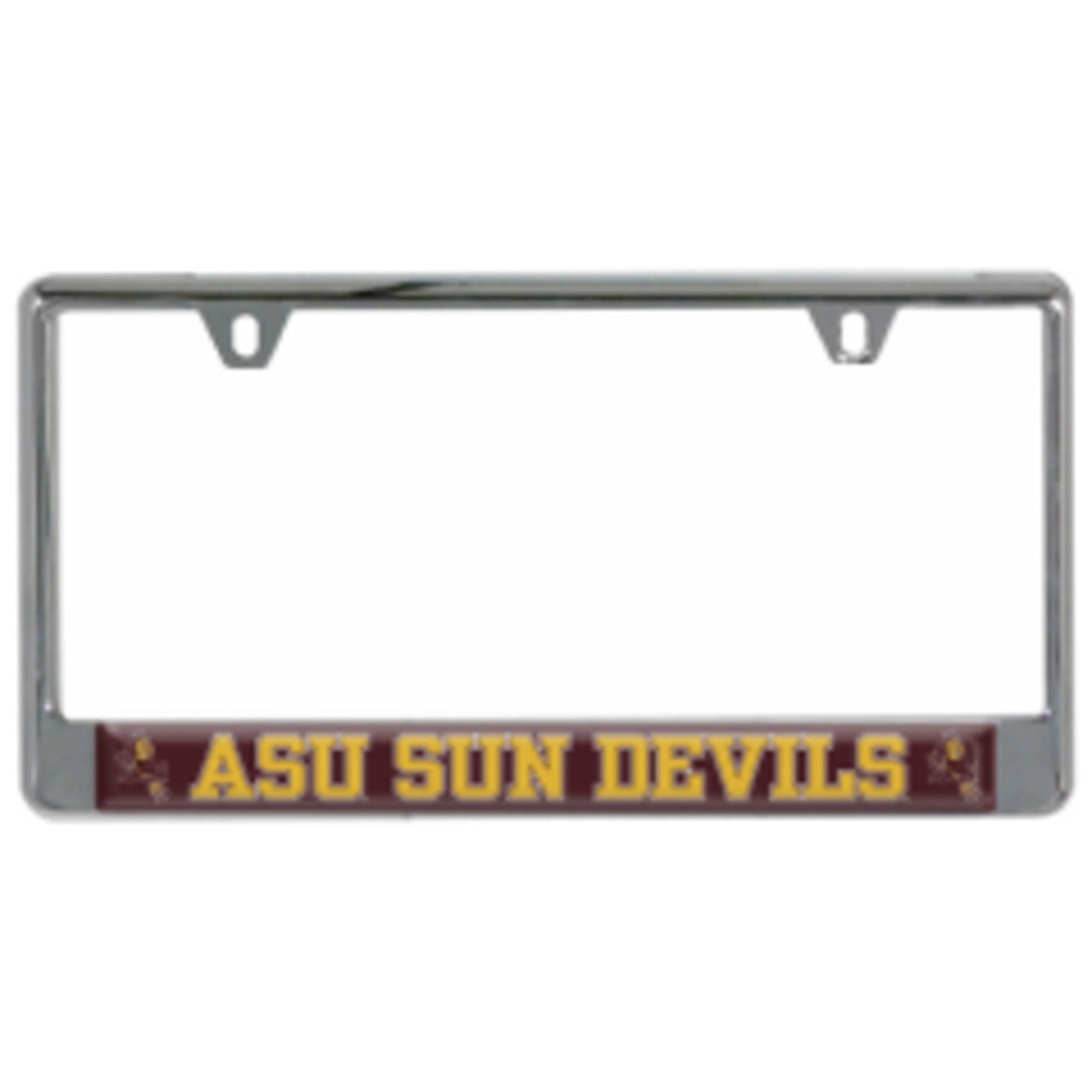 ASU license plate frame with maroon bar at bottom with 'ASu Sun Devils' lettering in between 2 Sparkys