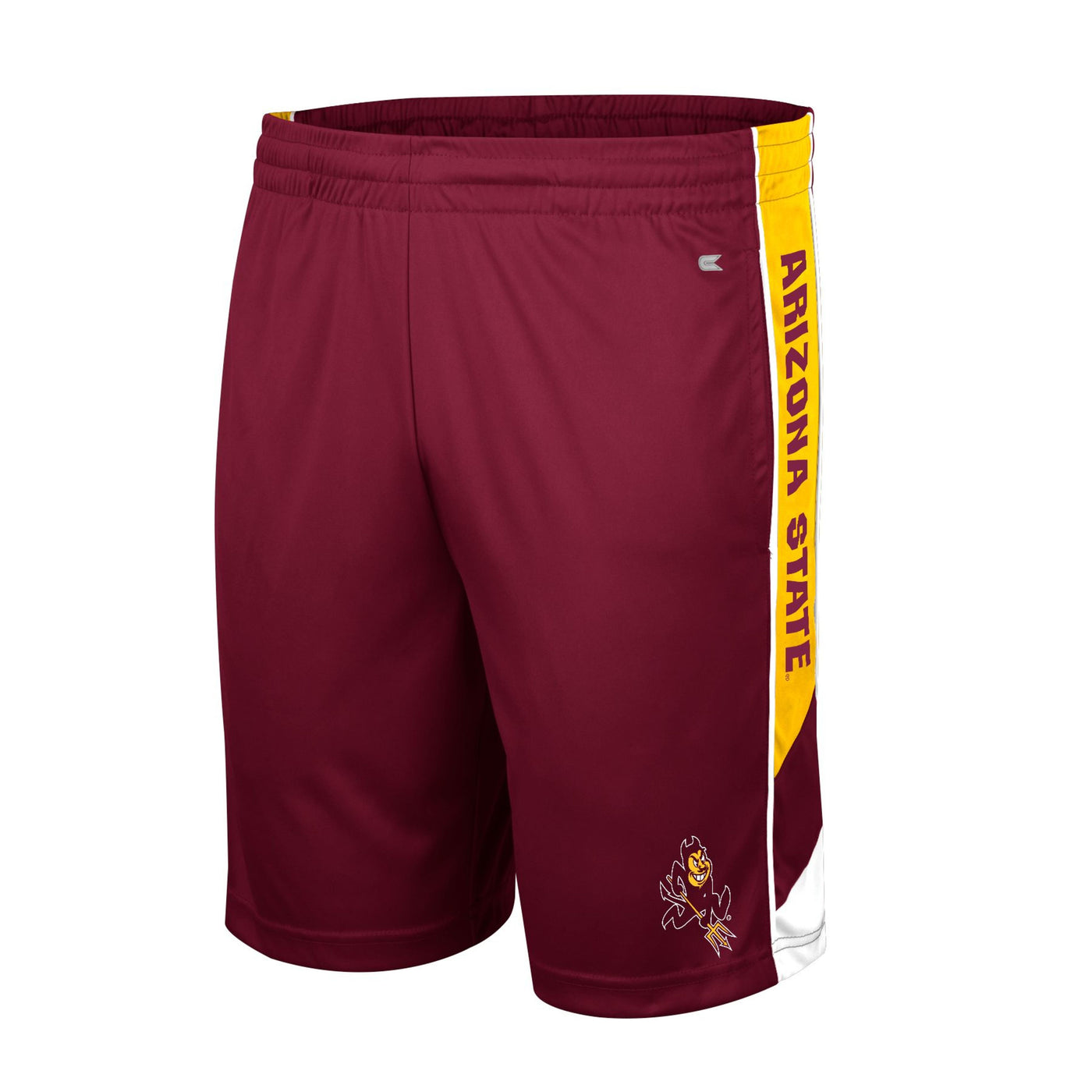 ASU maroon shorts with Sparky on the leg and a gold stripe down the hip