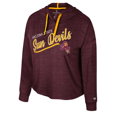 ASU maroon women's hooded top. larger cursive diagonal text  "sun Devils" in gold outlined in white. The text "Arizona State" in white above that. Below all text is a small sparky mascot. Also includes gold drawstrings for hood.