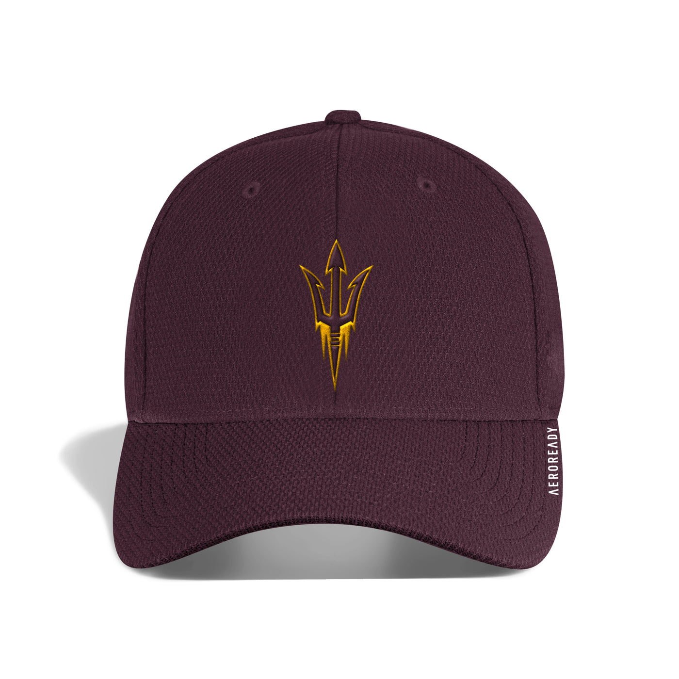 ASU maroon hat with curved bill and a pitchfork logo on front panel.