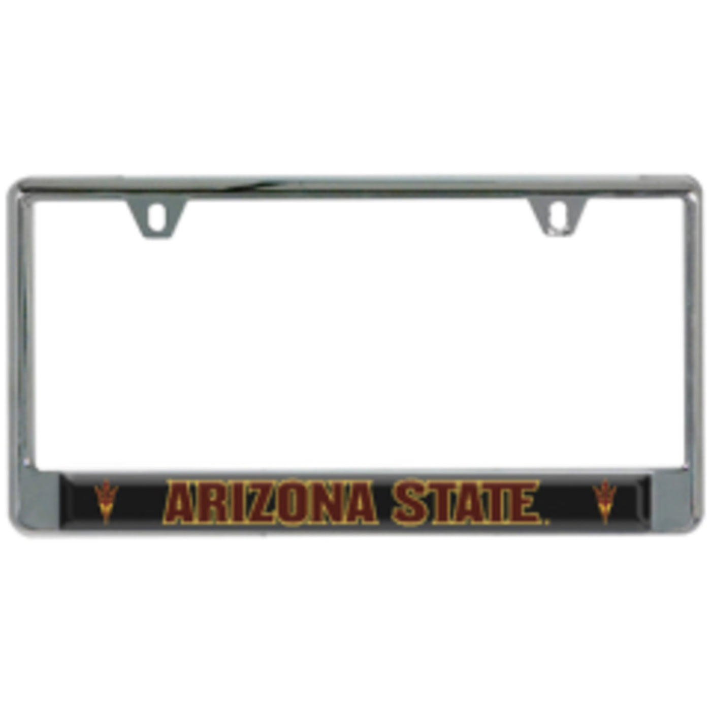 ASU silver license plate frame with black section on bottom. Overlapping black section is two small ptichfork logos in maroon outlined in gold and the text in between them 