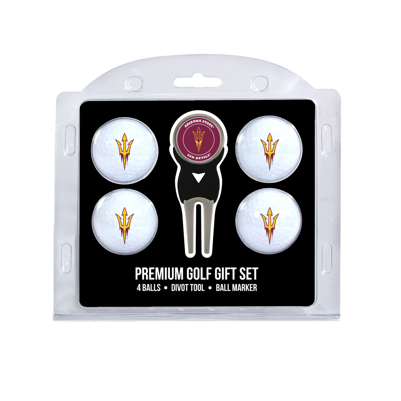 ASU 4 ball gift set with divot tool and pitchforks printed on each item