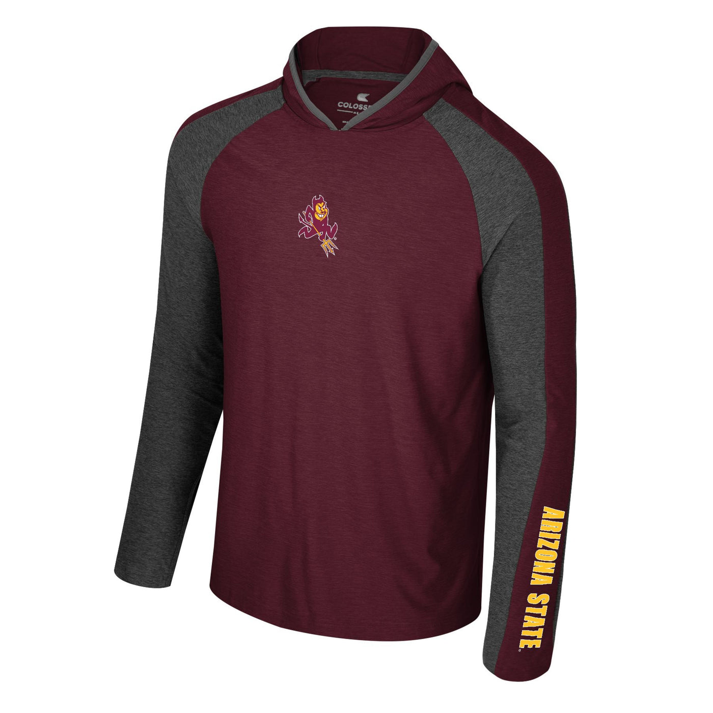 ASU maroon hooded pullover with grey sleeves and a thick maroon stripe down the sleeves as well. The text on the left arm is 