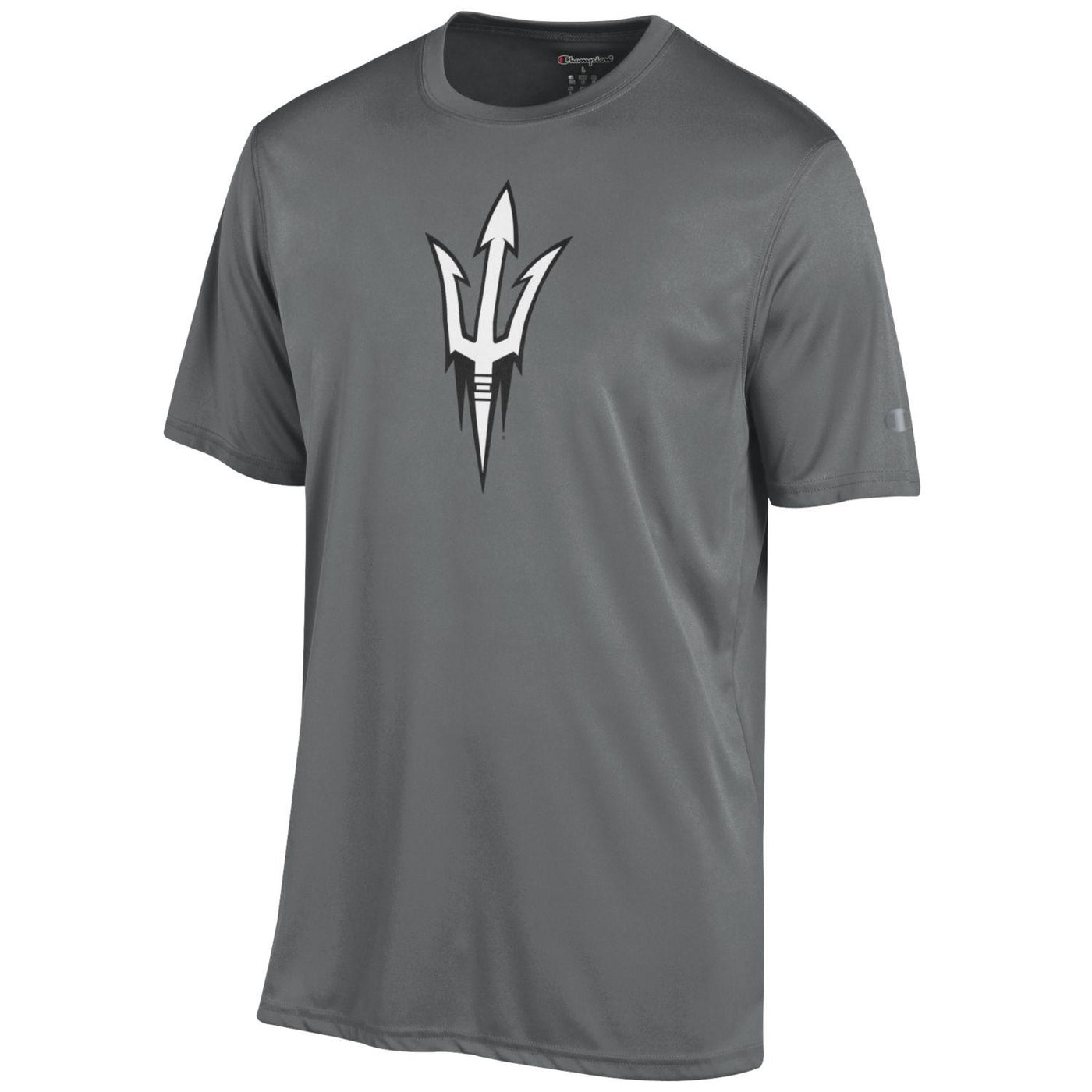 ASU gray athletic tee with pitchfork in white and black