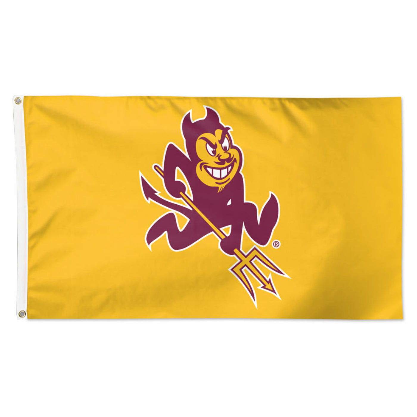 ASU gold flag with maroon and gold sparky logo outlined in white. 