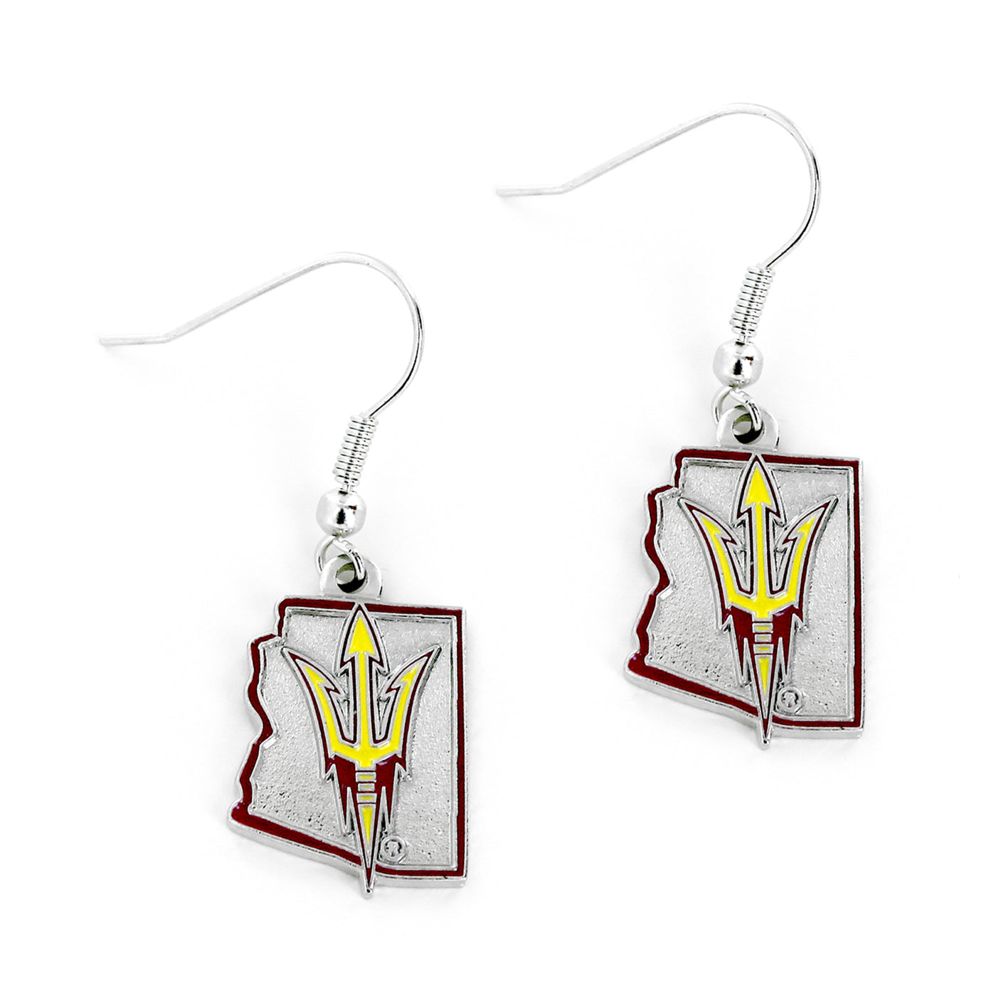 ASU silver dangle earing in the shape of the state of Arizona outlined in maroon. There is the ASU pitchfork logo in gold outlined in maroon on the state.