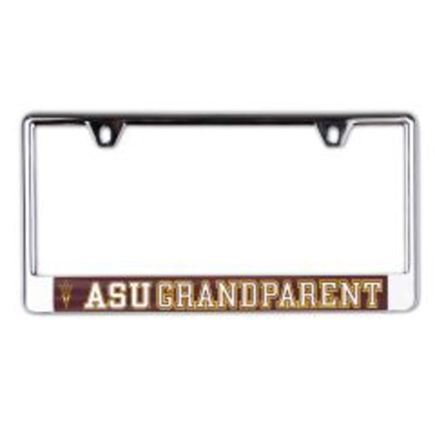 ASU silver license plate frame with maroon bar on bottom. On top of maroon section is a gold outline of a pitchfork and the text 
