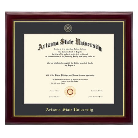 ASU diploma frame with polished brown wood and black boarder inside with ASU seal and 'Arizona State University' in gold 