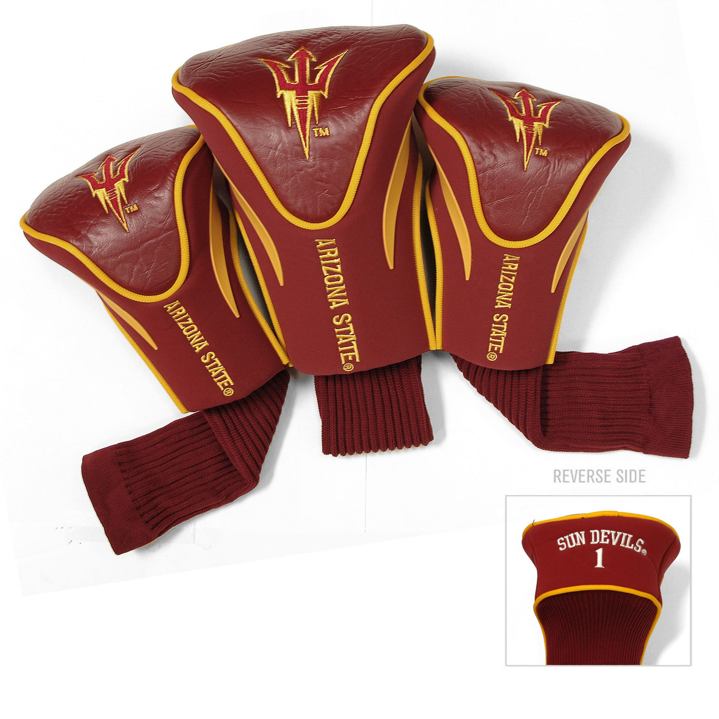 ASU 3 pack of golf club head covers with maroon leather like embroidered material at the top with a pitchfork at the top, 'Arizona State' down the neck and gold detailing with a cloth material at the base