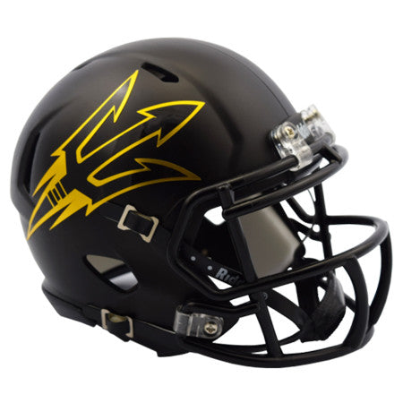 ASU replica black football helmet with gold diagonal pitchfork outline across the side