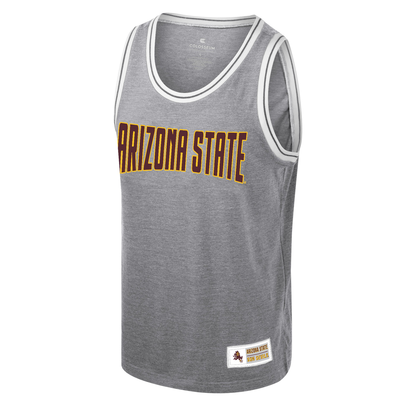 ASU grey mens tank top with white trim around arm and neck lines. the text 