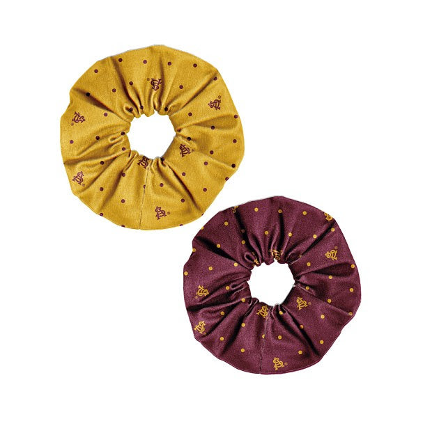 ASU scrunchie in gold with maroon polka-dots and interlocking 'A' and 'S' and a maroon scrunchie with gold polka-dots and interlocking 'A' and 'S'