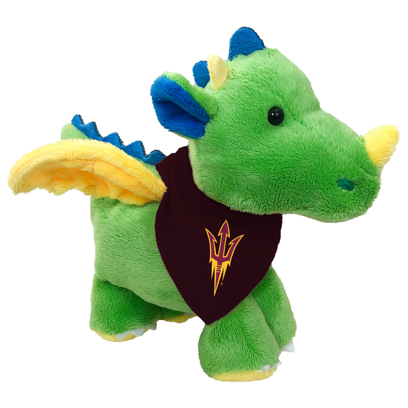 ASU Stuffed Dragon with green body, blue scales,  yellow wings and horn. Dragon is wearing a maroon bandana around its neck that has the pitchfork logo on it. 