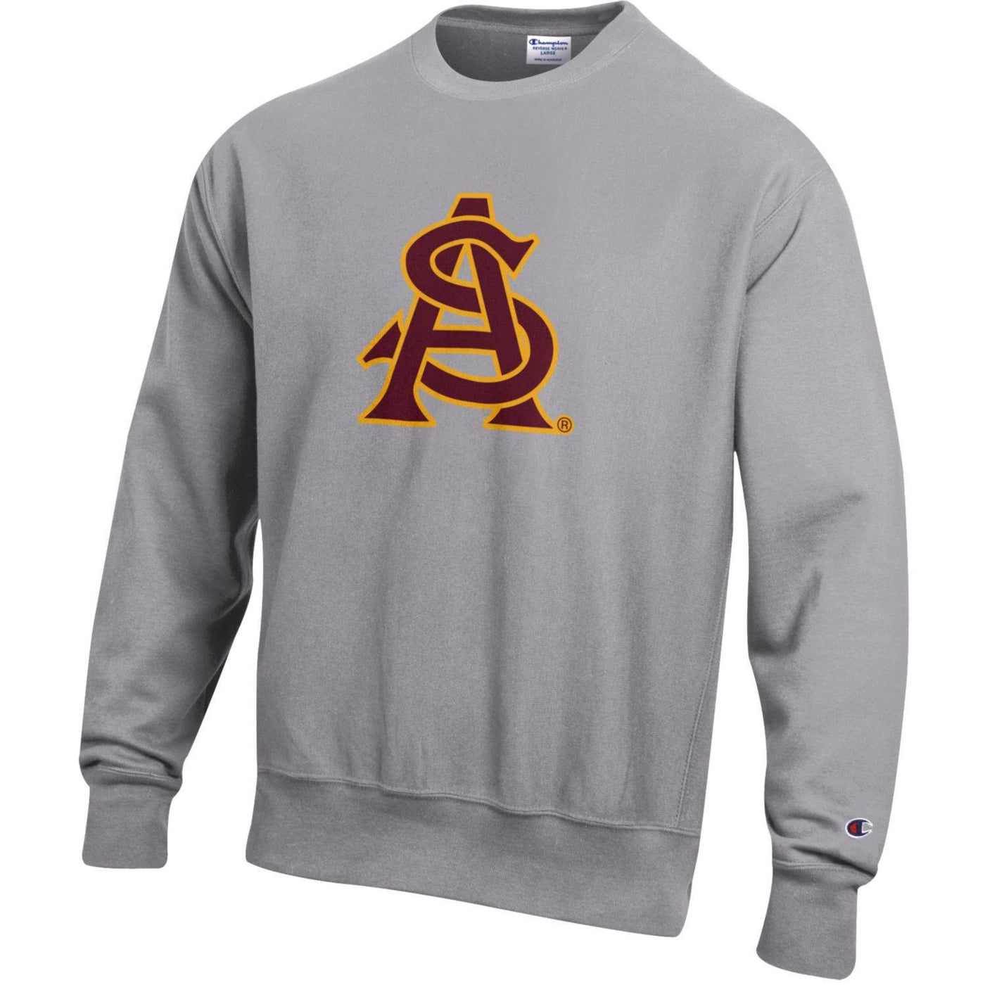 ASU gray reverse weave crew neck with an interlocking 'A' and 'S' print on the chest