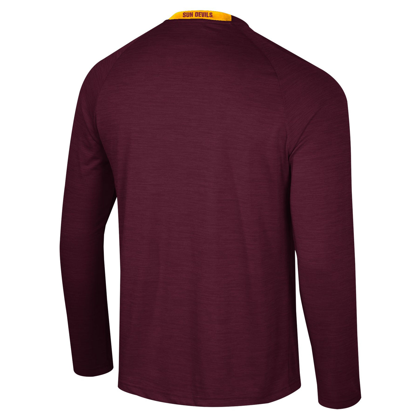 Backside of asu maroon long sleeve with a small stripe of gold lining the collar that includes the text 