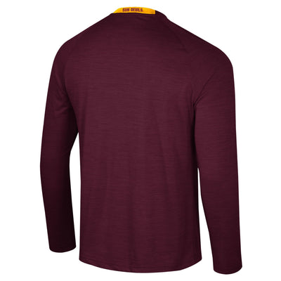 Backside of asu maroon long sleeve with a small stripe of gold lining the collar that includes the text "sun devils" in maroon.