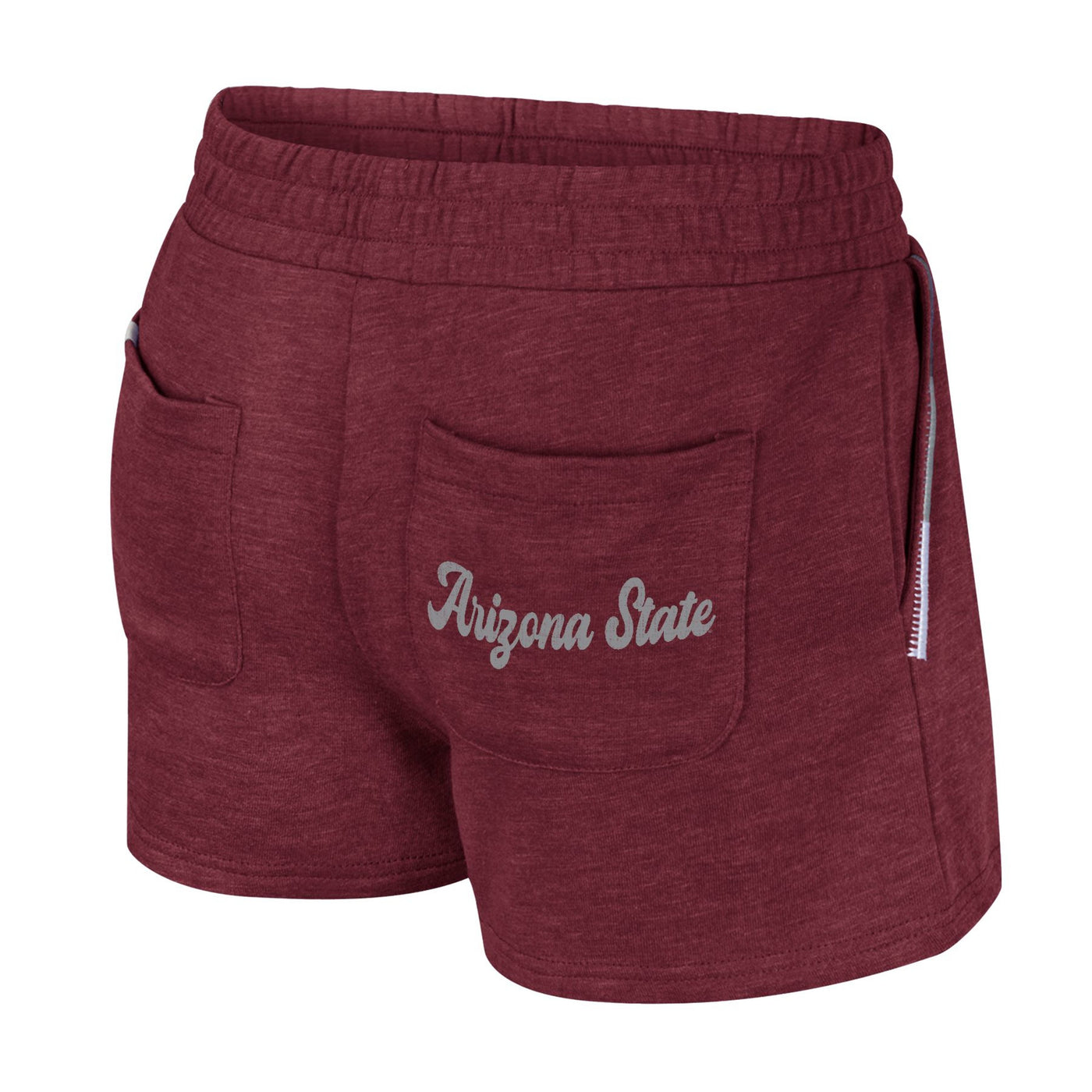 Backside of ASU maroon short with the cursive text 