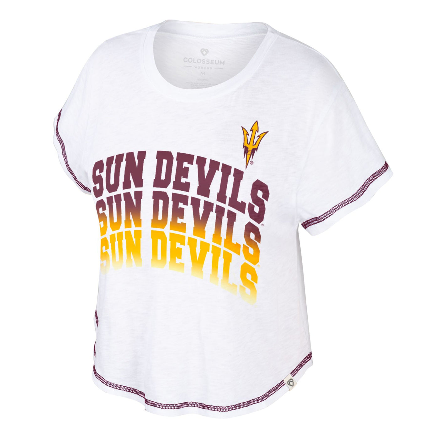 ASU white crop top with three rows of the text 