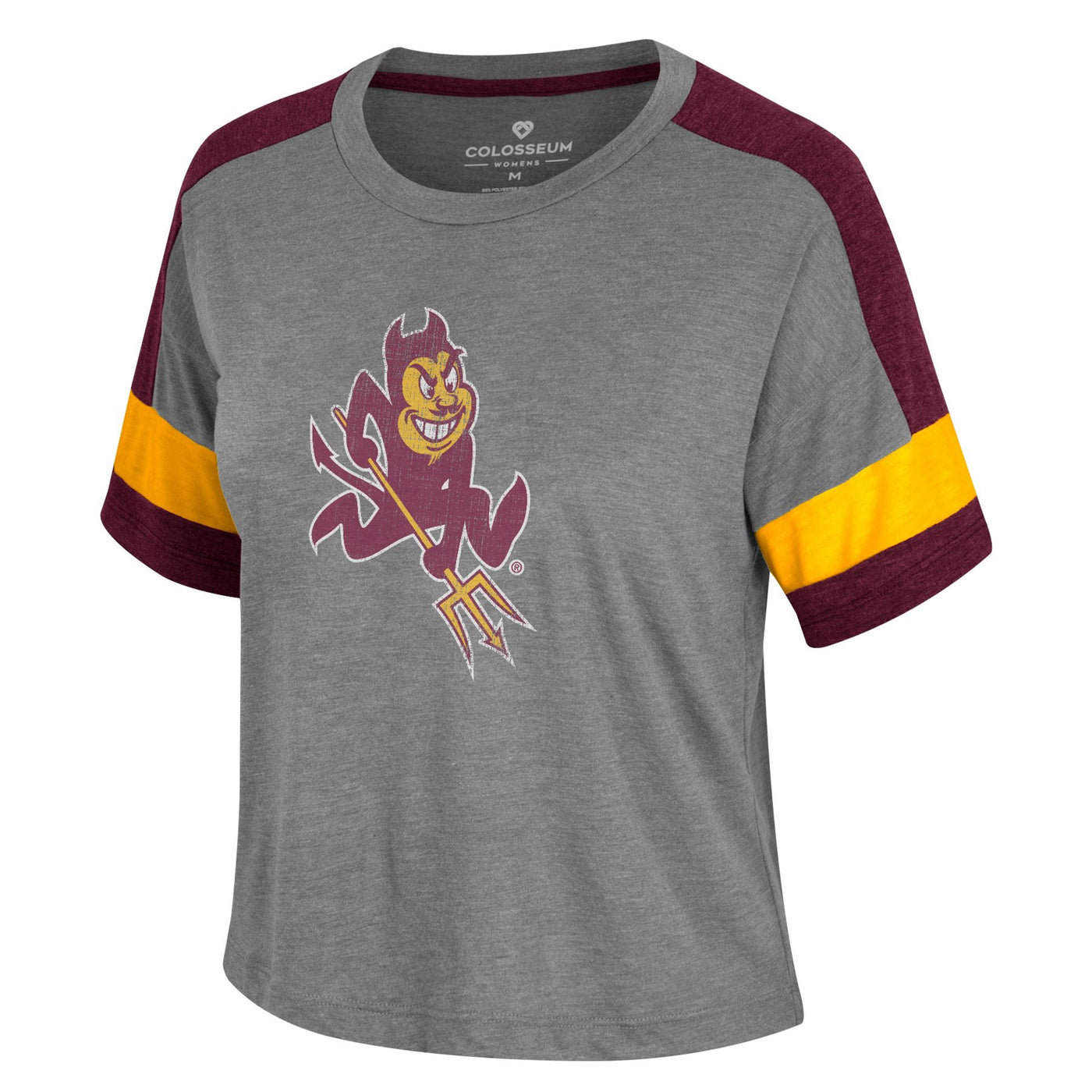ASU gray crop top with maroon and gold stripes on the shoulder and short sleeves and a Sparky on the front