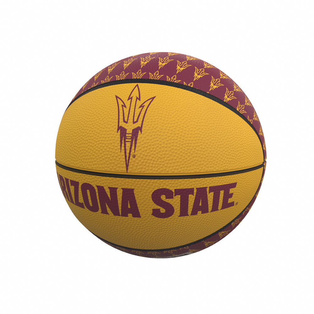 ASU mini basketball with 2 gold panels with a pitchfork and 'Arizona State lettering' and the remaining panels in maroon with repeating pitchfork pattern